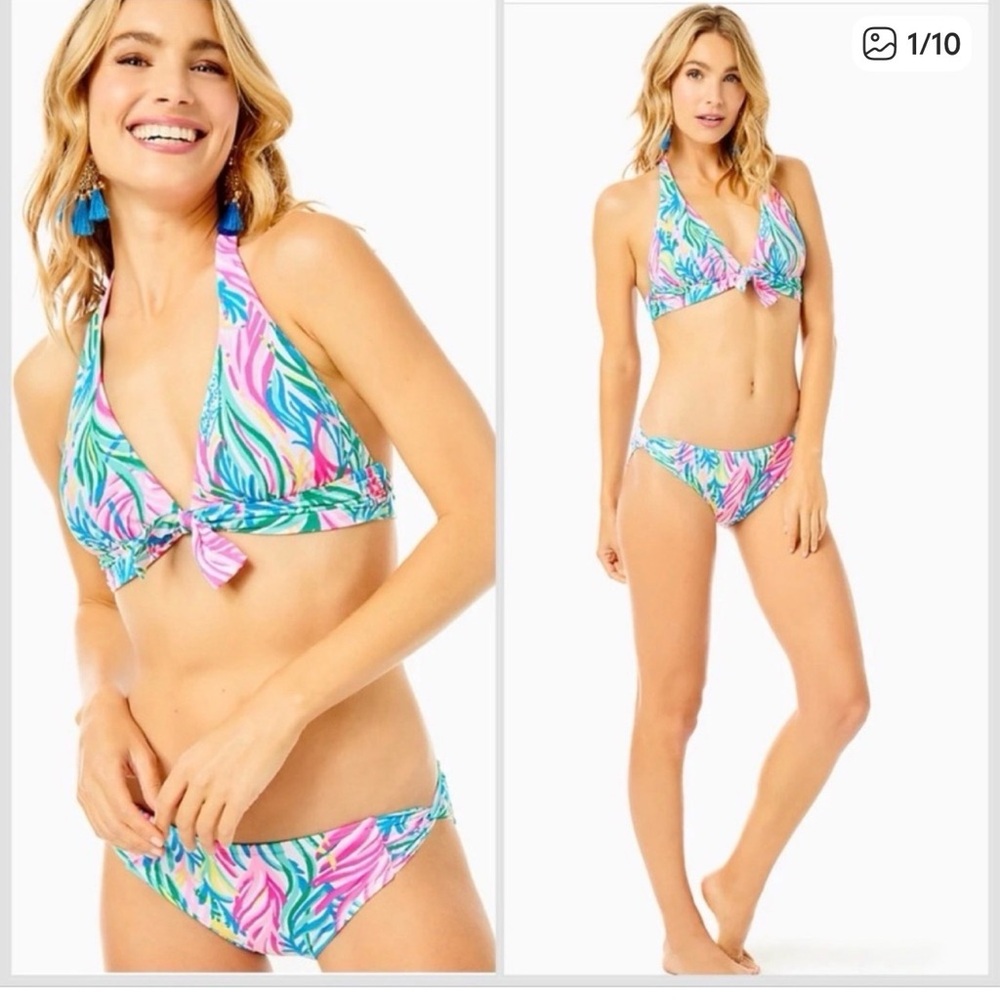 Lilly Pulitzer Multicolor Tropical Tie-Front Halter Bikini — Pink & Teal